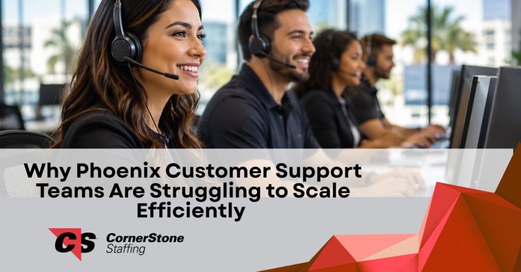 Professional customer support team working in a modern Phoenix office environment with headset-equipped representatives assisting customers at computer workstations.