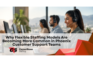 Customer service representatives working in a modern Phoenix call center, demonstrating a flexible and collaborative customer support environment.
